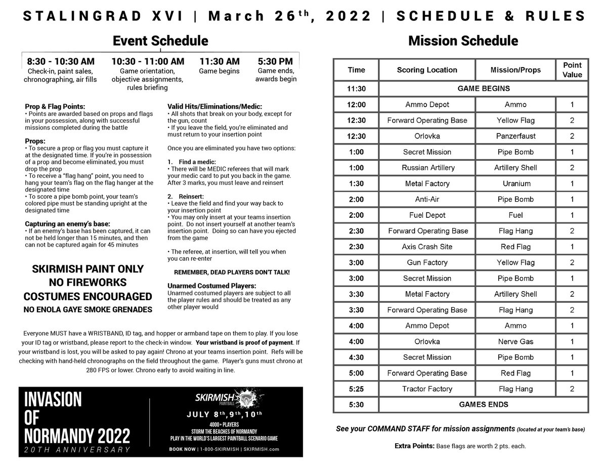 Stalingrad XVI -March 26th Schedule | Missions | Props | Points Need Reservations? BOOK NOW! Skirmish.com #Skirmish #paintball #scenariogame #war #Axis #Russians #getoutside #play