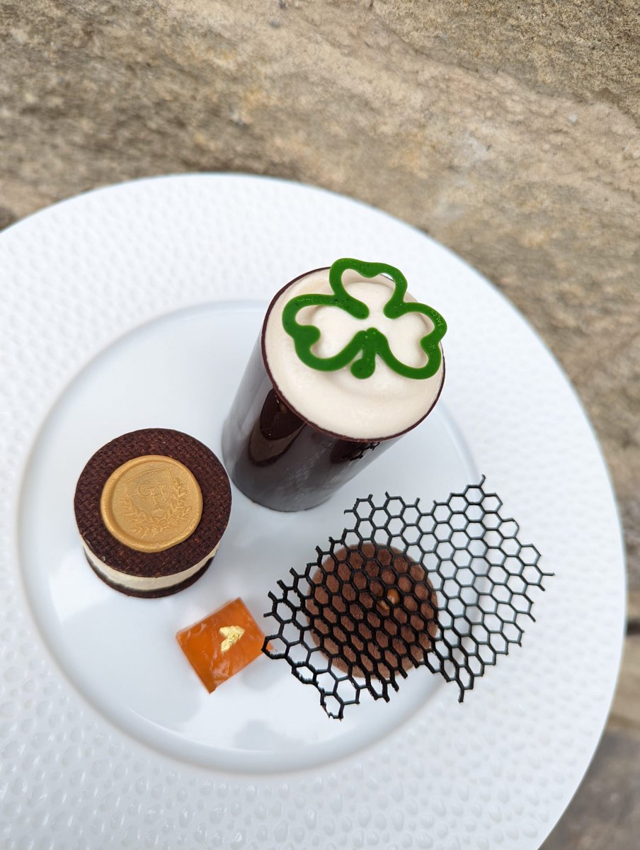 Happy St. Patrick's Day from Grantley Hall! Our talented Pastry Team have added a little twist onto Fletchers Restaurant's very popular Valrhona chocolate &amp; stout cake dessert, with Irish cream parfait, café au lait and  chocolate ganache...