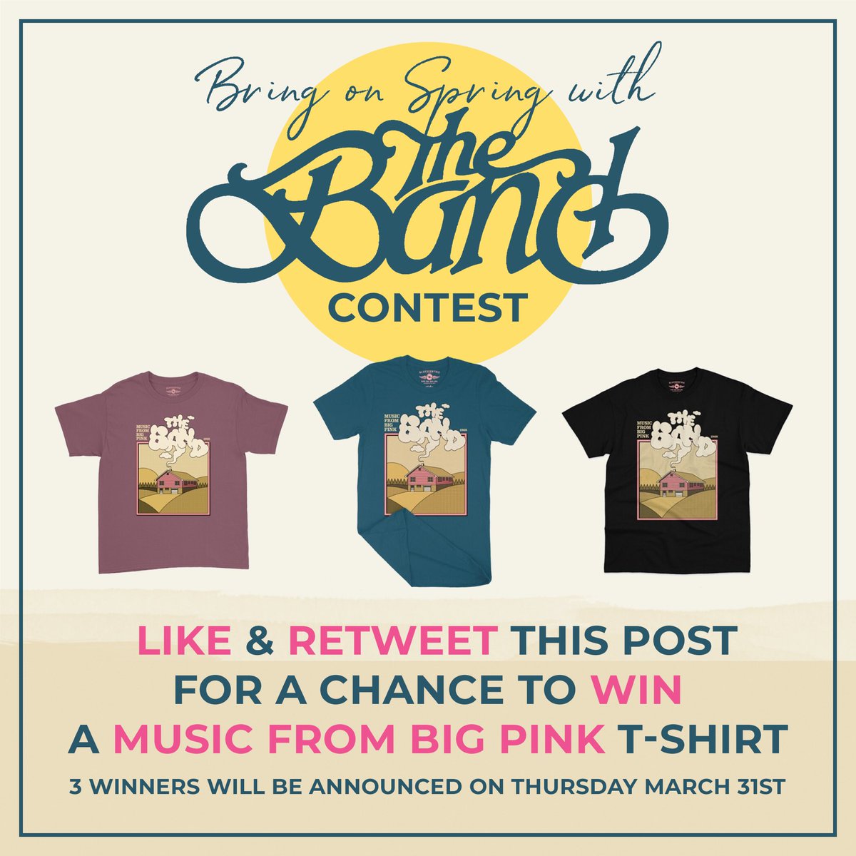 It’s time to bring on spring with The Band! LIKE &amp; RETWEET this post for your CHANCE TO WIN a MUSIC FROM BIG PINK t-shirt! 3 winners will be announced Thursday, March 31st. #BringOnTheBand

🐝🌷 Check out the t-shirts and more at The Band’s official store: officialtheband.com/store