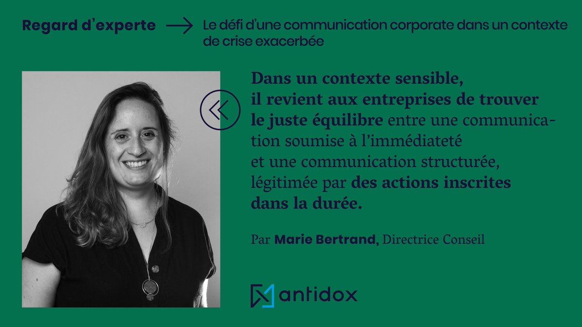 Antidox's tweet photo. «Le défi d’une communication corporate dans un contexte de crise exacerbée » ➡️ Retrouvez l’analyse de @Marie__Bertrand, Directrice Conseil chez Antidox
https://t.co/fQhmJTzhOR https://t.co/SI0zlKWp0c