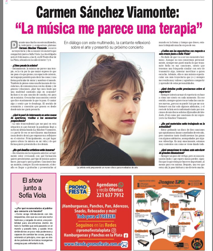 Nota a #carmensanchezviamonte por @caceresangelin para <a href="/diariohoynet/">Diario HOY</a> 
Se viene el show junto a <a href="/ViolaSofia/">Sofia Viola</a> en <a href="/ELTEATROBARLP/">EL TEATROBAR LAPLATA</a> 

Link para entradas por <a href="/Plateanet/">Plateanet</a> 

plateanet.com/obra/23345?obr…