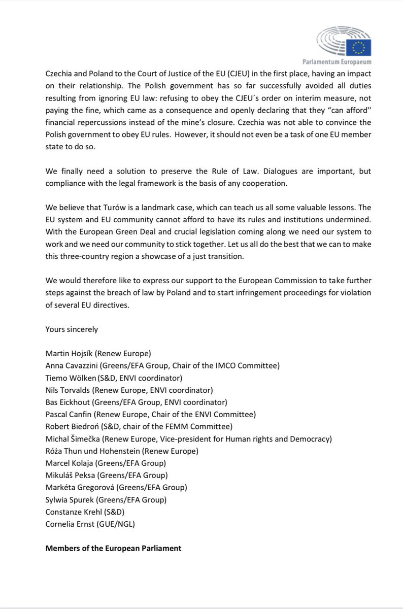 GreenpeaceCzech's tweet photo. The members of @Europarl_EN asking @EU_Commission and @VSinkevicius to act against breach of law by Poland at #Turow and start the infringement: „The deal negotiated between Czech and Polish governments does not protect EU citizens from having their rights violated.“#stopTurow https://t.co/Ef62x8GSck