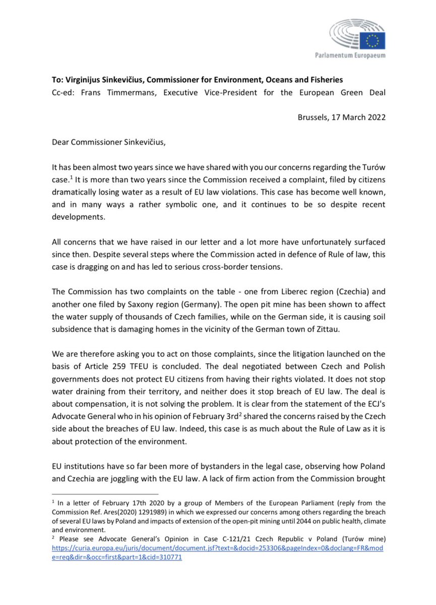 GreenpeaceCzech's tweet photo. The members of @Europarl_EN asking @EU_Commission and @VSinkevicius to act against breach of law by Poland at #Turow and start the infringement: „The deal negotiated between Czech and Polish governments does not protect EU citizens from having their rights violated.“#stopTurow https://t.co/Ef62x8GSck