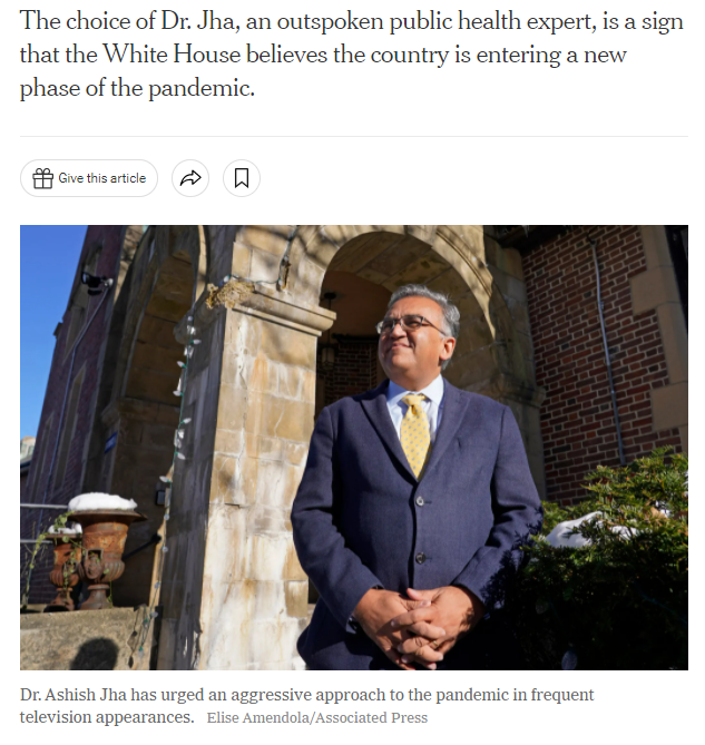 Congratulations to @POTUS on his inspired appointment of our friend and colleague @ashishkjha as the new @WhiteHouse COVID advisor! Dr. Jha is the perfect expert to help design the 'new normal' across the US 👉 nytimes.com/2022/03/17/us/…