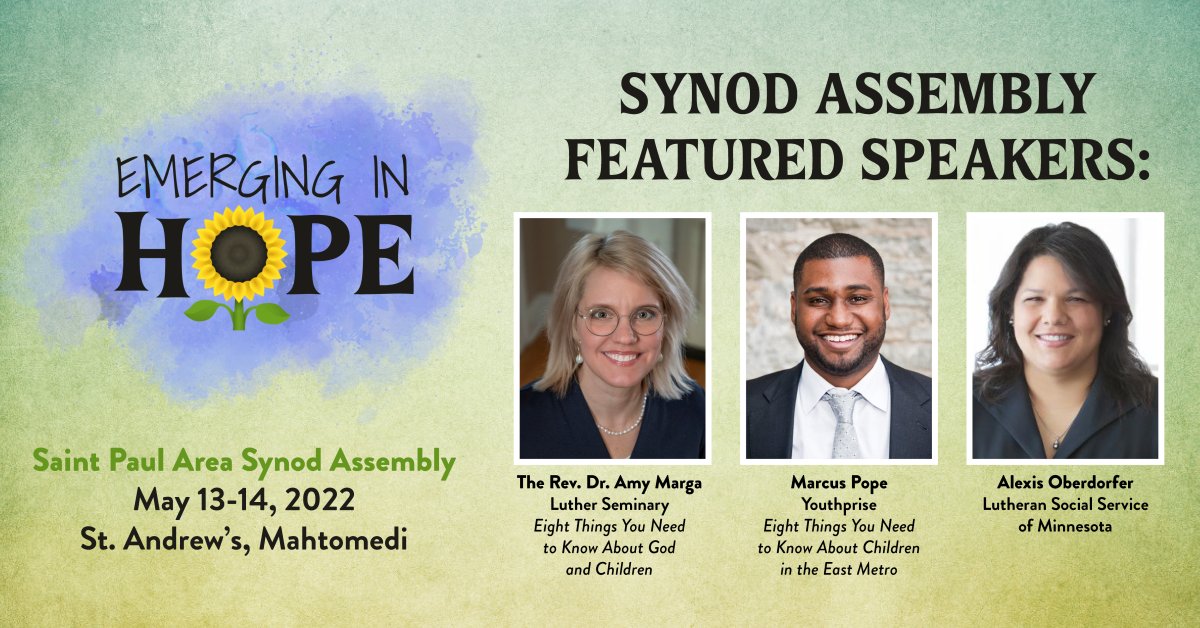 We're excited to have the Rev. Dr. Amy Marga from <a href="/LutherSeminary/">Luther Seminary</a>, Marcus Pope from <a href="/Youthprise/">Youthprise</a> and Alexis Oberdorfer from <a href="/LSSofMN/">Lutheran Social Service of Minnesota</a> as featured speakers at this year's Synod Assembly! More details at spas-elca.org/2022-synod-ass…. #emerginginhope #elca #spaselca