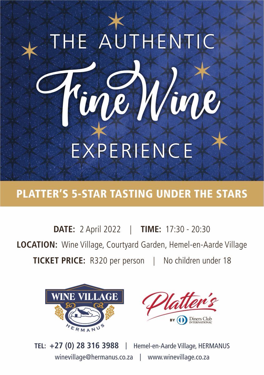 We are back with another much anticipated #PlatterWineGuide 5-star tasting.
Don't miss out - reserve your ticket today. Included in the line-up @RicketyBWinery <a href="/LomondWine/">Lomond Wine</a> <a href="/DMZwine/">DeMorgenzon Wine Estate</a> <a href="/MilesMossop/">Miles Mossop</a> <a href="/SimonsigWines/">Simonsig Wine Estate</a> <a href="/Muratie/">Muratie Wine Estate</a> <a href="/FairviewWine/">Fairview Wine&Cheese</a> <a href="/Beauwine/">Beaumont Family Wines</a> @GWVineyards <a href="/KWVwines/">KWV Classic Collection</a> <a href="/degrendelwines/">De Grendel Wines</a>