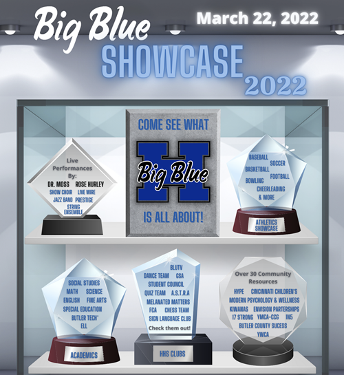 Come check out the 2022 Big Blue Showcase on Tuesday, March 22, 2022, at Hamilton High School from 4:00-7:00 pm. Learn about Big Blue academics, clubs, athletics, fine arts, community resources and more!
hamiltoncitysd.oh.schools.bz/4/News/2344