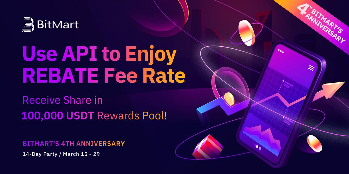 BitMartExchange's tweet photo. 🤩To celebrate our 4th anniversary, we are offering a rebate fee rate to our API users along with a total rewards pool of 100,000 USDT! 💸

😘Happy trading! 

👉🏻See details: https://t.co/rWBxIYGIhs

#BitMart #BitMart4years #API #cryptocurrency #crypto #cryptotrading https://t.co/v9heRUKJIn