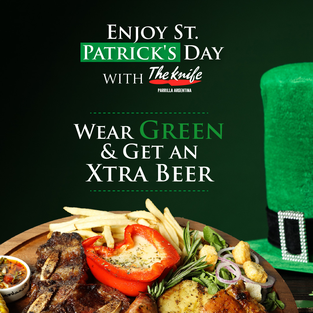 theknifeus's tweet photo. Wear green and come to enjoy this day at The Knife!

In addition to our exquisite meat, we will give you one extra lucky beer with the purchase of our all-inclusive menu.

Put on your best green attire and get ready to have a fabulous experience full of joy and flavor. https://t.co/2RrfvAH0Ne