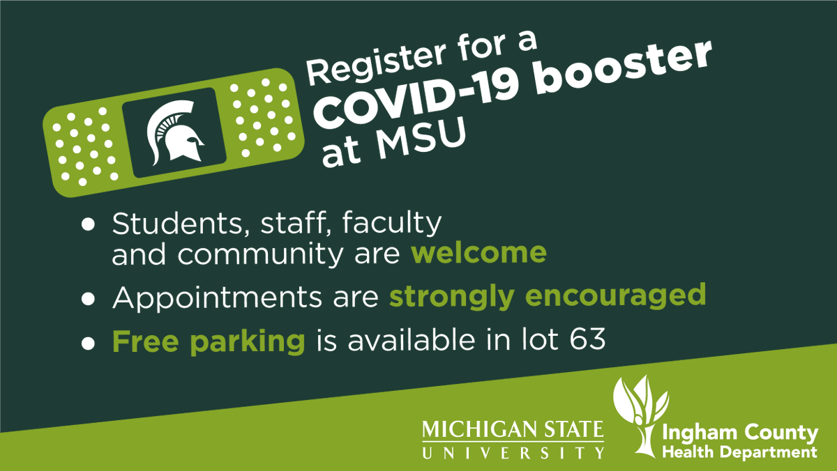 Need your booster? MSU &amp; <a href="/InghamHealth/">Ingham County Health Department</a> are partnering to offer vaccine clinics on March 21 and March 28 from 2-7 p.m. at the <a href="/BreslinCenter/">Breslin Center</a>. go.msu.edu/Y8p5
