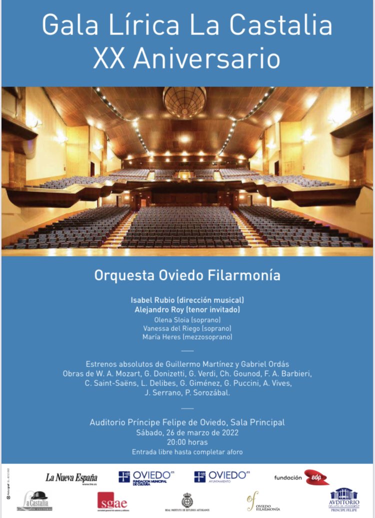 El 26 de marzo La Castalia celebra en <a href="/AuditorioOVD/">Auditorio Oviedo</a> sus 20 años con una gala lírica y dos estrenos!!!! <a href="/Ordas_Gabriel/">Gabriel Ordás</a> #GuillermoMartinez 🎶🎶🎶🤩