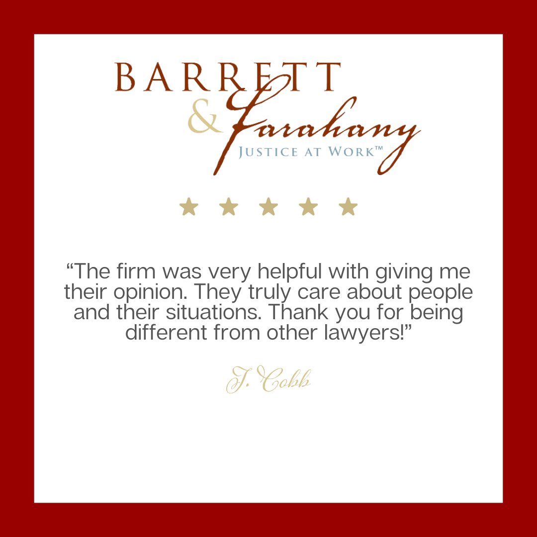 EmploymentAtty's tweet photo. Another Five-Star Google Review!
Barrett &amp; Farahany always strives to be helpful, compassionate, knowledgeable, and responsive to every person who calls us seeking justice at work. 
 
https://t.co/KsKMLbIicq https://t.co/O1PgnZiL1L