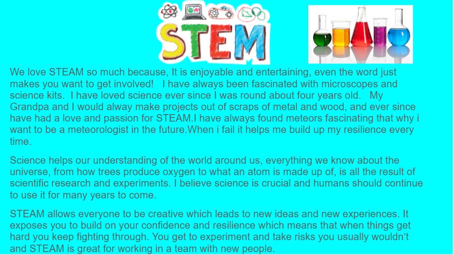 Carolside_PS's tweet image. "STEAM allows me to be creative which leads to new ideas &amp;amp; new experiences." 
"It helps build your confidence and resilience which means that when things get hard you keep fighting through."
"STEAM will allow me to achieve my goals." 
21st century skills! 👏 #ERCSTEM #CPSSTEAM