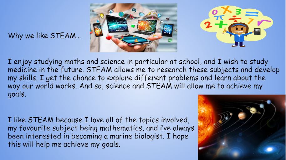 Carolside_PS's tweet image. "STEAM allows me to be creative which leads to new ideas &amp;amp; new experiences." 
"It helps build your confidence and resilience which means that when things get hard you keep fighting through."
"STEAM will allow me to achieve my goals." 
21st century skills! 👏 #ERCSTEM #CPSSTEAM