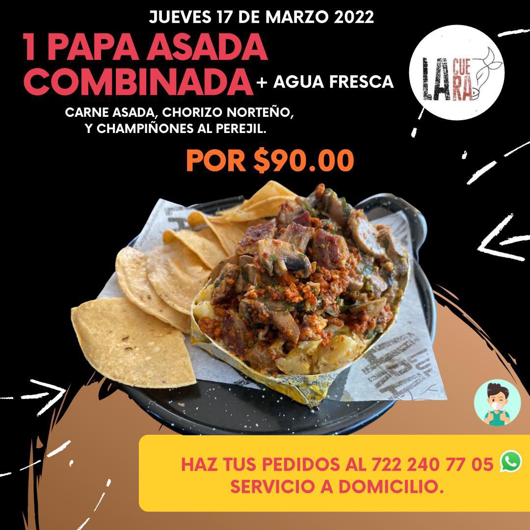 MENÚ ESPECIAL | papa combinada

¡Haz tu pedido por aquí! 👇
📲 goo.gl/qLdyDk 

🛵 Envíos a domicilio (pregunta por nuestra cobertura)
📍 Calle 3s, Parque Industrial Toluca 2000, Toluca Edo de México. 
.
.
.

#LaCueraFoodtruck 
#CocinaTamaulipeca
#Toluca