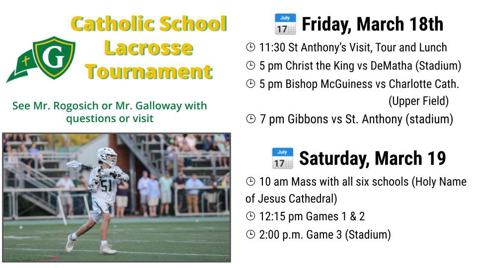 athleticscghsnc's tweet photo. BIG weekend ahead for @mlax_cghsnc! 

We welcome fellow NC Catholic schools @CCHSCougarNews, @BMHSVillains, and @CTKCrusaders plus @DeMathaCatholic and @StAnthonysAth for two days of competition and morning mass at Holy Name of Jesus Cathedral https://t.co/vqbFWRuo1E