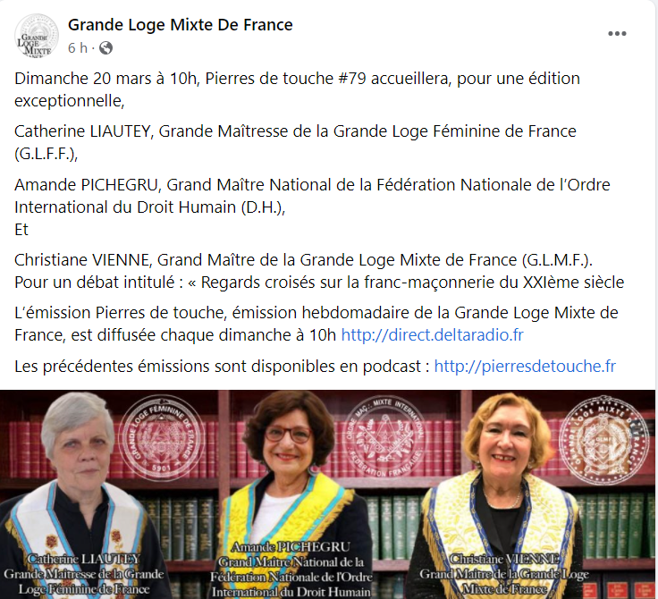 chezalcide's tweet photo. Dimanche 20 mars à 10h, Pierres de touche Accueillera, pour une édition exceptionnelle,
Catherine LIAUTEY, GM de la GLFF 
@PichegruAmande , GM du @LeDROITHUMAIN_F 
@VienneChr , GM de la @GLMF_Officiel 
Pour un débat intitulé : « Regards croisés sur la FM du XXIème siècle https://t.co/wB8nlzQ3au