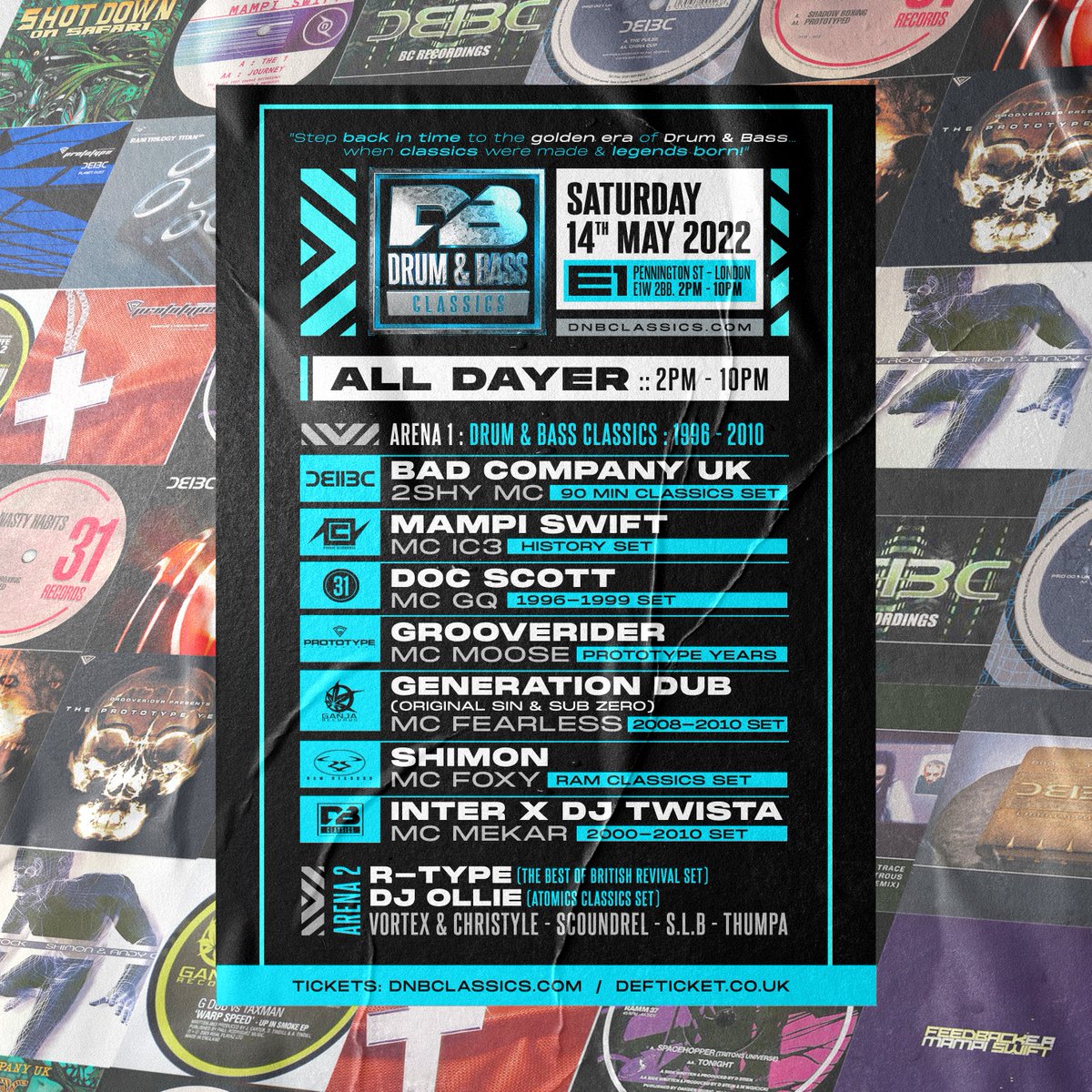 Step back in time to the golden era of Drum & Bass… when classics were made & legends born! #DrumandBassClassics All Dayer #London • Sat 14 May @E1LDN 2pm-10pm • dnbclassics.com feat @dj_twista @realmekar @BestofBritishHQ @DJOlliednb @DJScoundrel @SLB_DJ @DnbNews