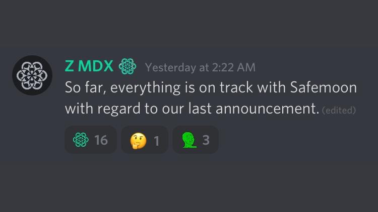 SafemoonWarrior's tweet photo. "So far, everything is on track with #SAFEMOON with regard to our last announcement."
—Z MDX Mandala CTO https://t.co/ojtAPLEJWQ