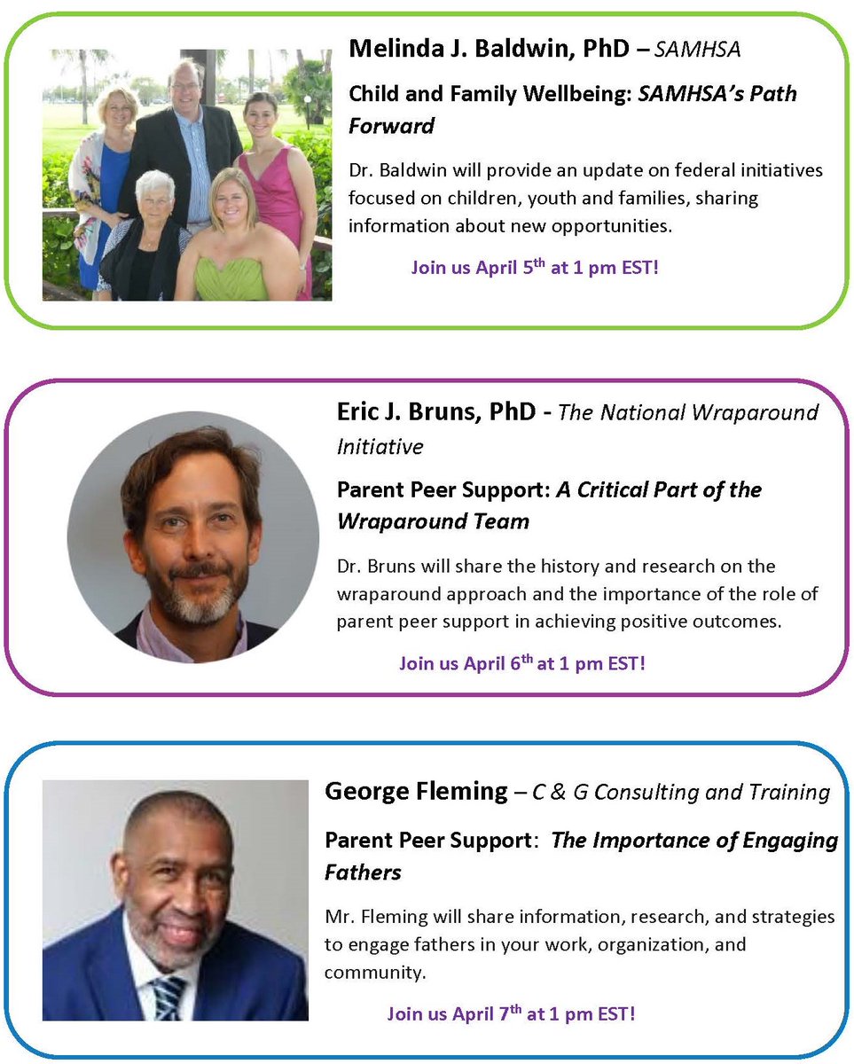 FREDLA1's tweet photo. Meet our keynote speakers for the 2022 Parent Peer Support Institute!
April 5-7, 2022 • 1:00pm – 4:00pm 
Register now! https://t.co/XFZ1FgeoBC https://t.co/acCsqzIV1n