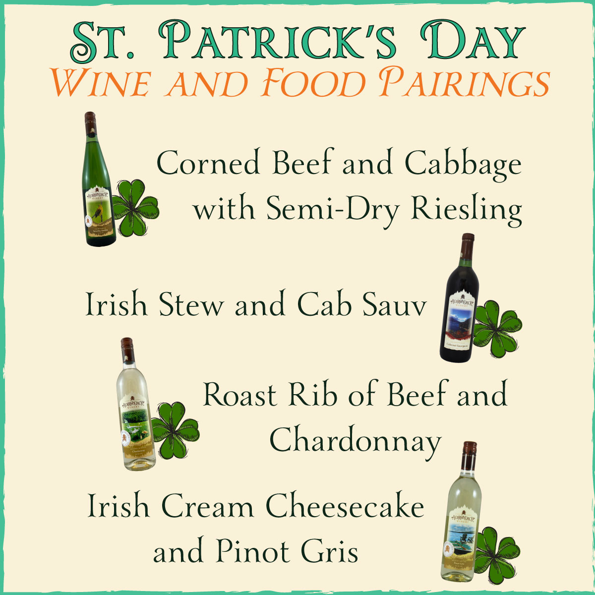 Happy #StPatricksDay! Even though it’s mostly known as a beer drinking holiday, there are plenty of ways to pair your favorite Adirondack Winery wines with traditional Irish food. Check out our suggestions or try your own! How are you celebrating today?
