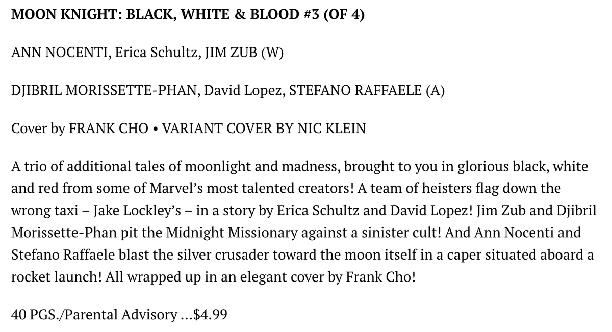 I guess I can talk about it now. I had the honor of working with @davizlopez on a #MoonKnight short for #BlackWhiteandBlood To be in the same book as #AnnNocenti is really an honor. I DEFINITELY have to get this Nic Klein cover! : )