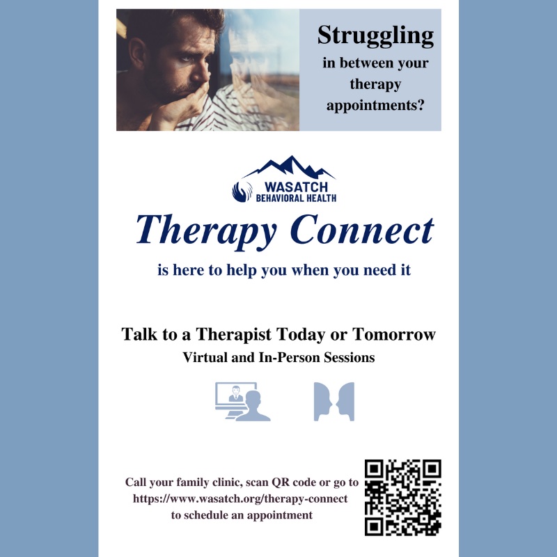 WasatchBH's tweet photo. Therapy Connect is back up and working today! Learn more or make an appointment at: https://t.co/TBGKvt002a.
#WBHtc #TherapyConnect #embracingwellness #utahcounty https://t.co/bVUp2nig40