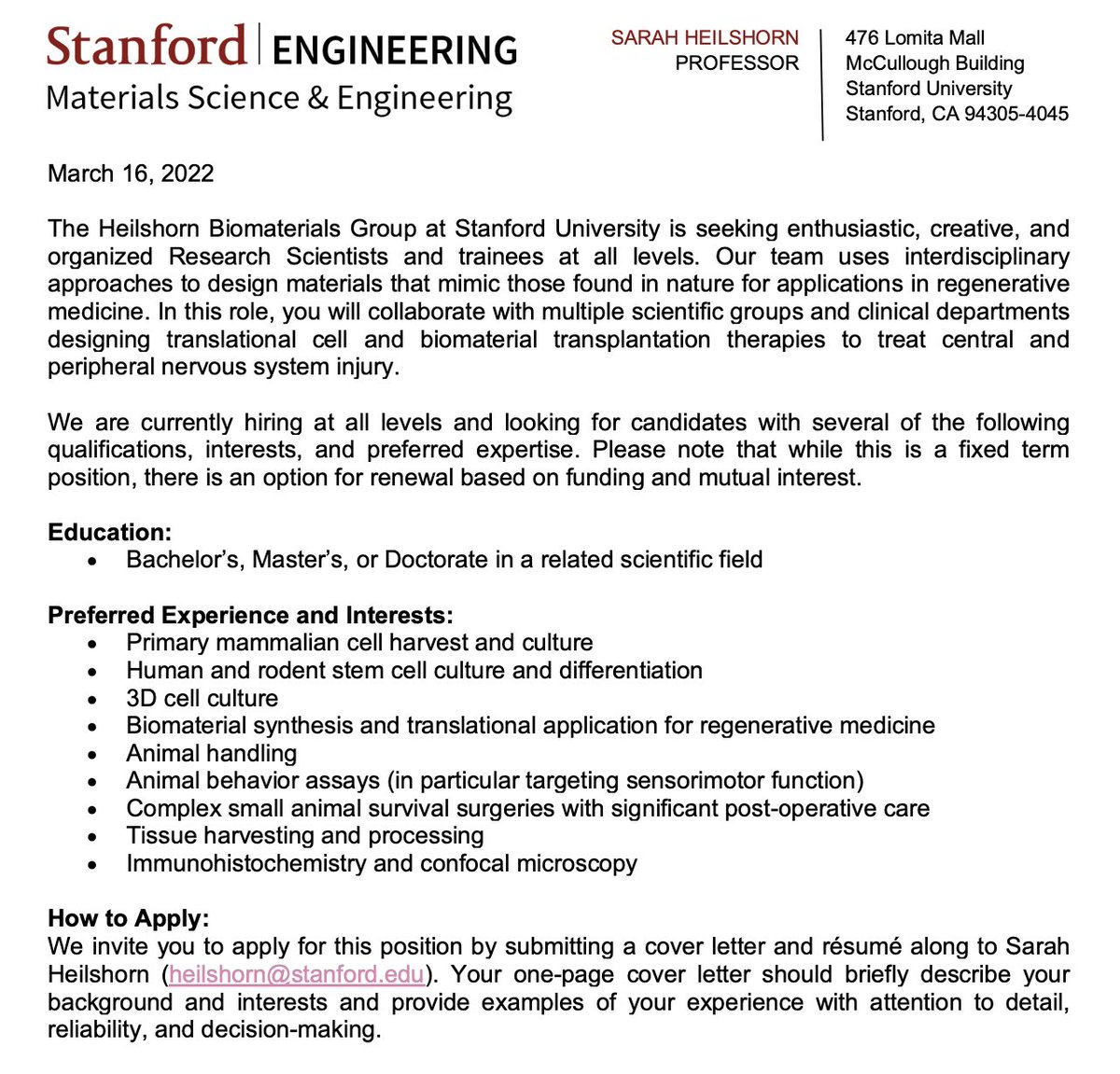 Interested in joining a great team investigating central and peripheral nervous system injury with biomaterials? We are hiring at all levels for someone with experience and/or interest in stem cell culture and animal handling. Details below. Please RT! 
#ScienceTwitter
