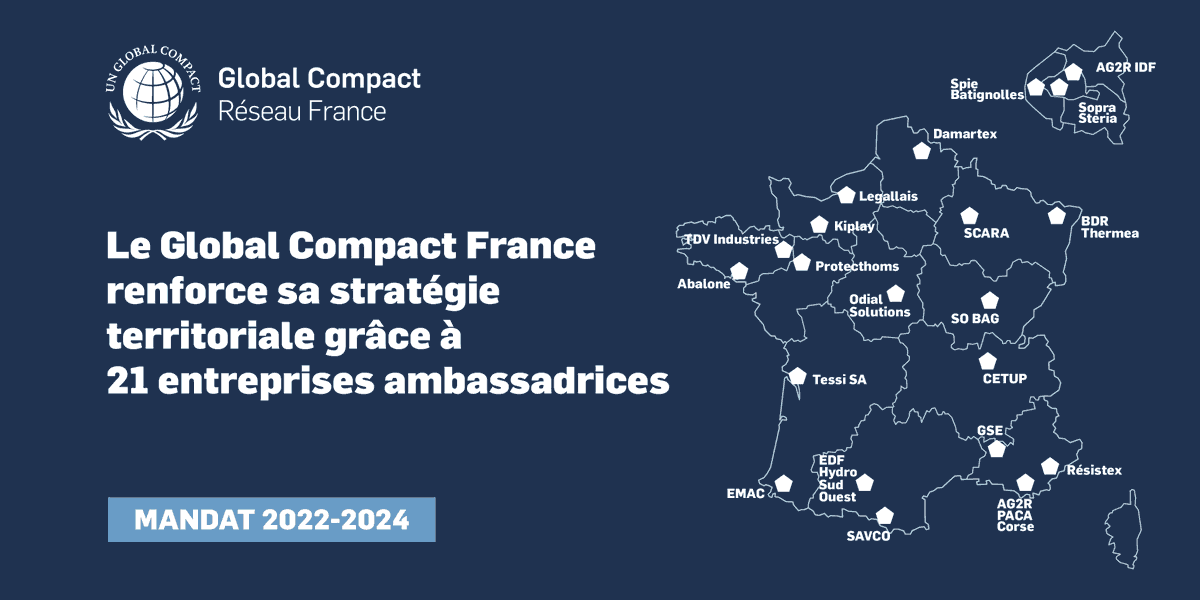 PactemondialFr's tweet photo. Le Global Compact France renforce sa stratégie territoriale ! 💪21 entreprises ambassadrices ont été nommées par le Conseil d’administration afin de promouvoir et diffuser les Dix principes du @globalcompact et les #ODD au plus proche des territoires. 

🔗https://t.co/WNdq9jDpLT https://t.co/ZQjMDD5LnH