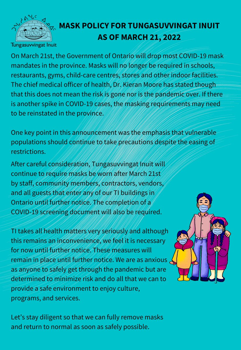 TIOntario's tweet photo. Please read this important update regarding the mask policy at all Tungasuvvingat Inuit offices. Effective March 21st, 2022. Thank you.
#TungasuvvingatInuit #COVID19 #MaskPolicy #Ontario #TI #TIOntario #Inuit #UrbanInuit https://t.co/6ZWGRPby5D