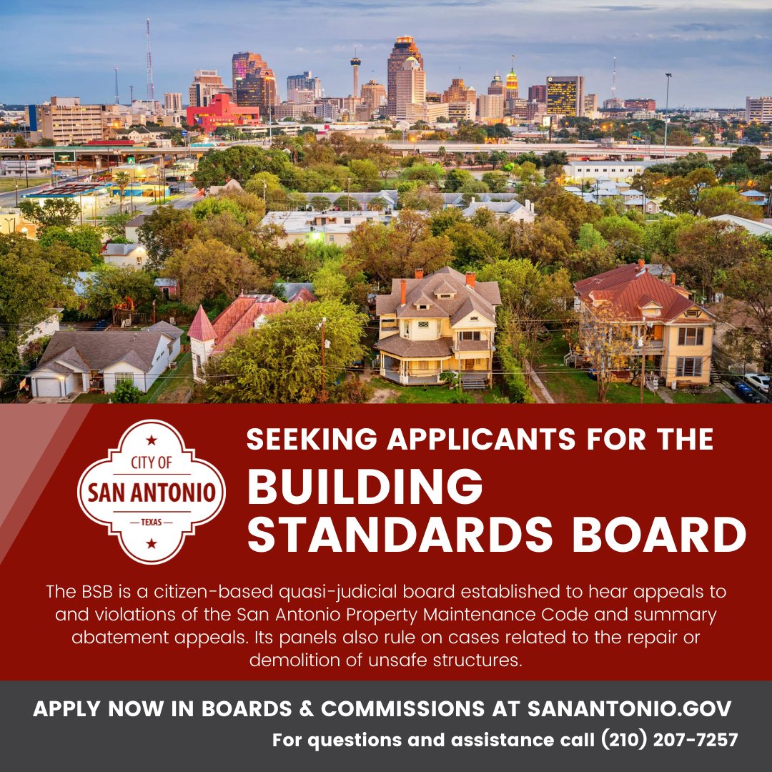 COSAGOV's tweet image. The Buildings Standards Board (BSB) is seeking applicants for two At-Large positions (architect and social worker categories) for the remainder of a 2-year term office to expire 5/31/2023. Deadline to apply is Friday, April 1, 2022. 

Apply now: webapp9.sanantonio.gov/BoardCommAppli…