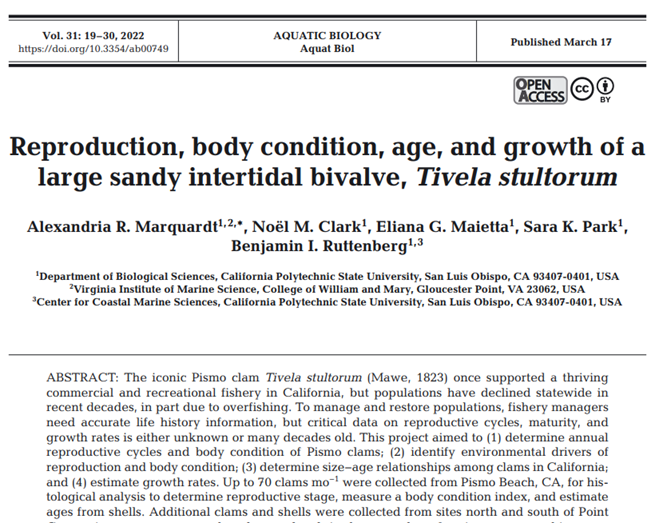 Thrilled to see my first, first-author publication in print! 
Our team provides a life history update for Pismo clams in California, the first in many decades. We include information on annual reproductive and body condition cycles, growth rates, and age at legal size.