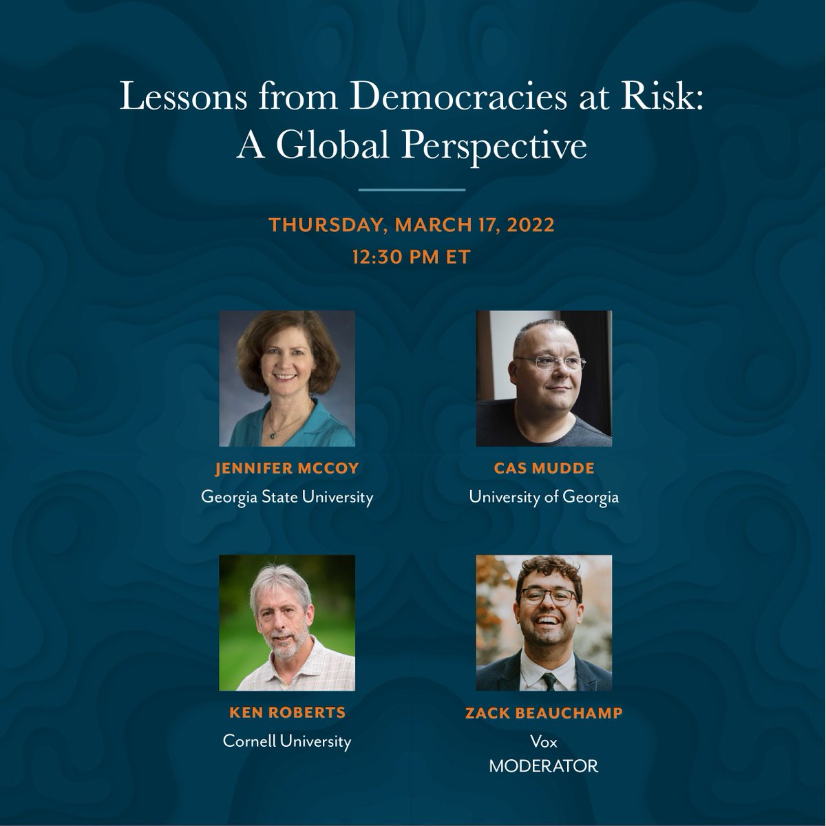 TheAAPSS's tweet photo. Will be live tweeting about today's webinar, "Lessons from Democracies at Risk" with @jlynnmccoy, @CasMudde, Ken Roberts, and moderator @zackbeauchamp using #AcademyMeets https://t.co/OznN0yYpDD