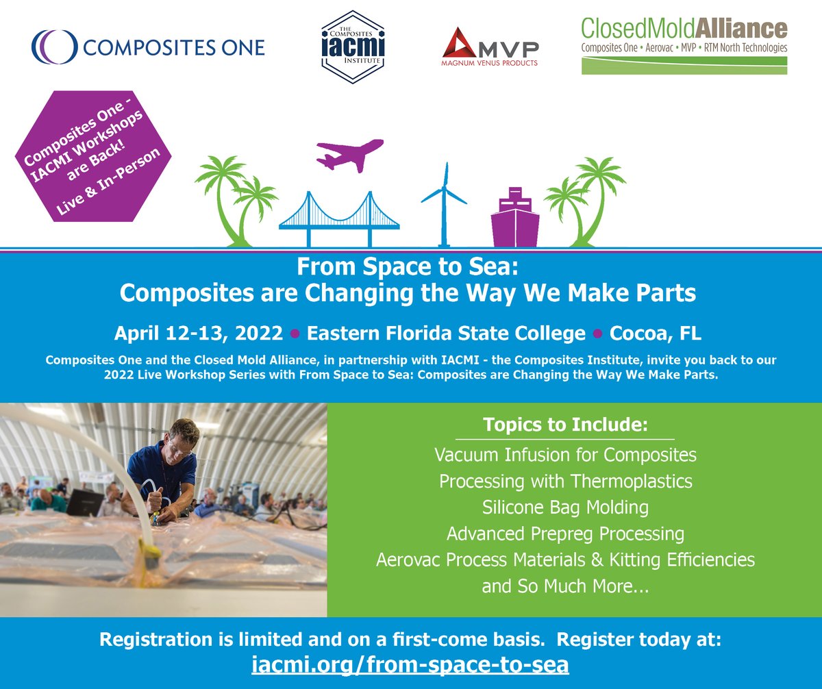 mvpind's tweet photo. Proud to partner with @compositesone and @iacmihq to present a free in person workshop on April 12-13, 2022 held in Cocoa, FL at @EasternFlorida. ⌚ Time to register, limited spots available! Register ⇢ https://t.co/MPggDOKSJ1
#Workshop #Composites #Travel #Closedmolding https://t.co/KBBCmtzVAf