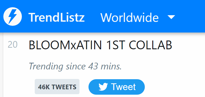 SB19TrendsPH's tweet photo. [ TRENDING UPDATE WORLDWIDE ]

Our official tagline is now trending at #20 worldwide! 🤩

Keep the tweets coming, A'Tin!

BLOOMxATIN 1ST COLLAB
@SB19Official #SB19
#SB19xBINI_KabataangPinoy https://t.co/FTY0GXrKdO