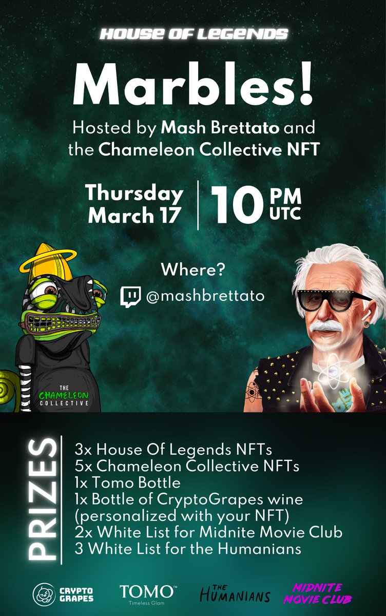 JOIN THE LEGENDARY MARBLES GAME🚀 <a href="/TheLegendsNFTs/">House of Legends</a> x <a href="/Chameleon_NFT/">The Collective</a> 

1️⃣ Follow twitch.tv/mashbrettato to join
2️⃣ Sign up / log in to play
3️⃣ !play to start each race

The best prizes ever are awaiting for winners.

First marble drops @ 10pm UTC. Are you joining?💫

#nfts #nft