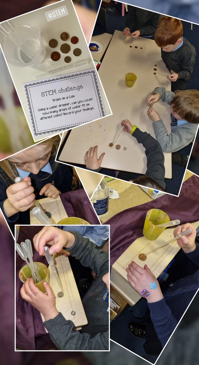 OLM_Primary's tweet image. P1a loved estimating, counting and recording their findings for this STEM challenge. Which coin do you think held the most drops of water? #OLMSTEM #ERCSTEM