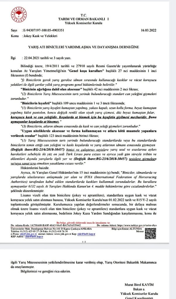 Dernek olarak yaptığımız başvurumuzu, İvedi bir şekilde, olumlu sonuçlandıran, Değerli YKK yetkililerine, ve TJK'ne tüm binicilerimiz adına teşekkürlerimizi sunarız. <a href="/YkkGovTr/">Yüksek Komiserler Kurulu</a> <a href="/_TJK_/">Türkiye Jokey Kulübü</a>