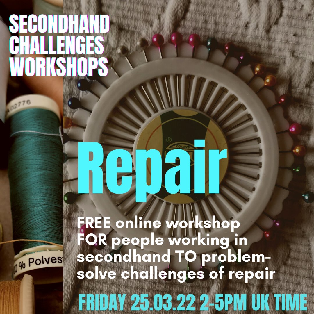 Darn it! It's almost time for 'Repair: Materials, Techniques, Communities' 
25th March, 2-5pm, free &amp; online
Collab workshop for all working on/in secondhand to share ideas and strategies for creating a culture of repair and maintenance
Programme here:
blogs.cardiff.ac.uk/secondhandcult…