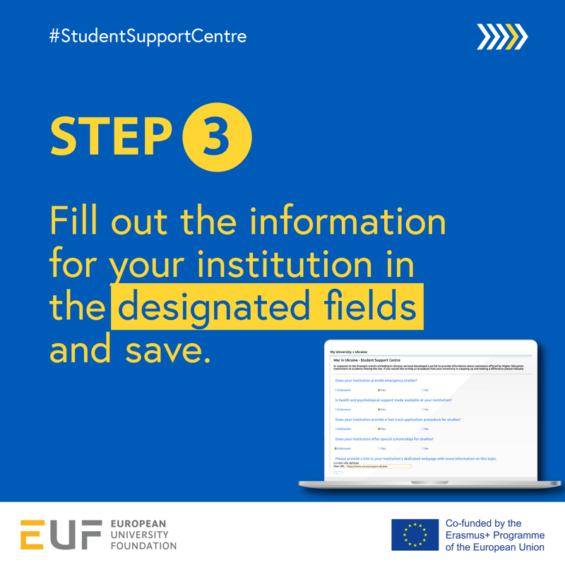 Uni_Foundation's tweet photo. Your HEI is offering assistance to #students fleeing #Ukraine and would like to make it appear on our Student Support Centre?

Follow these 3️⃣ steps!