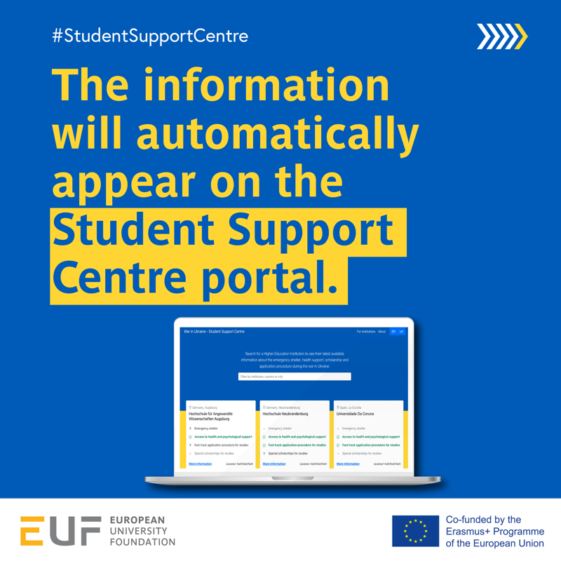 Uni_Foundation's tweet photo. Your HEI is offering assistance to #students fleeing #Ukraine and would like to make it appear on our Student Support Centre?

Follow these 3️⃣ steps!