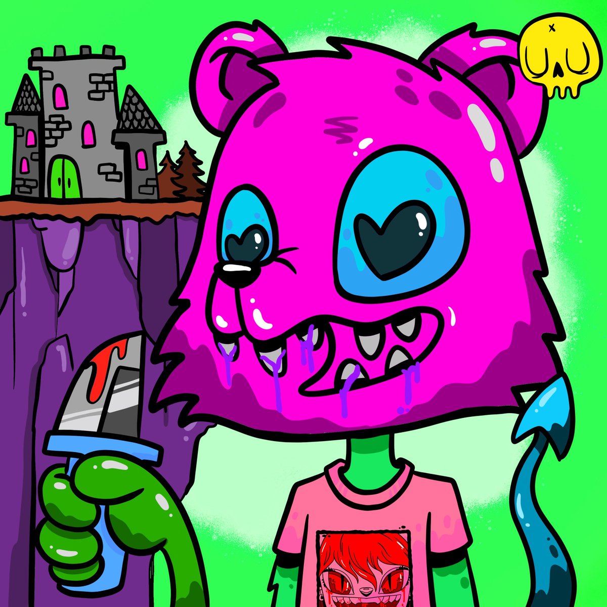 Jcluster2's tweet photo. The drippy teeths and the t-shirt are my fav parts of this Green #nickydavis nft! 
#Ghostskullsnfts consistently puts out fun, whimsical and rainbow-filled demon #NFTs. Are you part of the #Ghostgang yet? 👻💀💚
Happy St. Patrick’s Day!🍀
Come join!
https://t.co/FZWpw9g2h1 https://t.co/zqYk9tXckQ