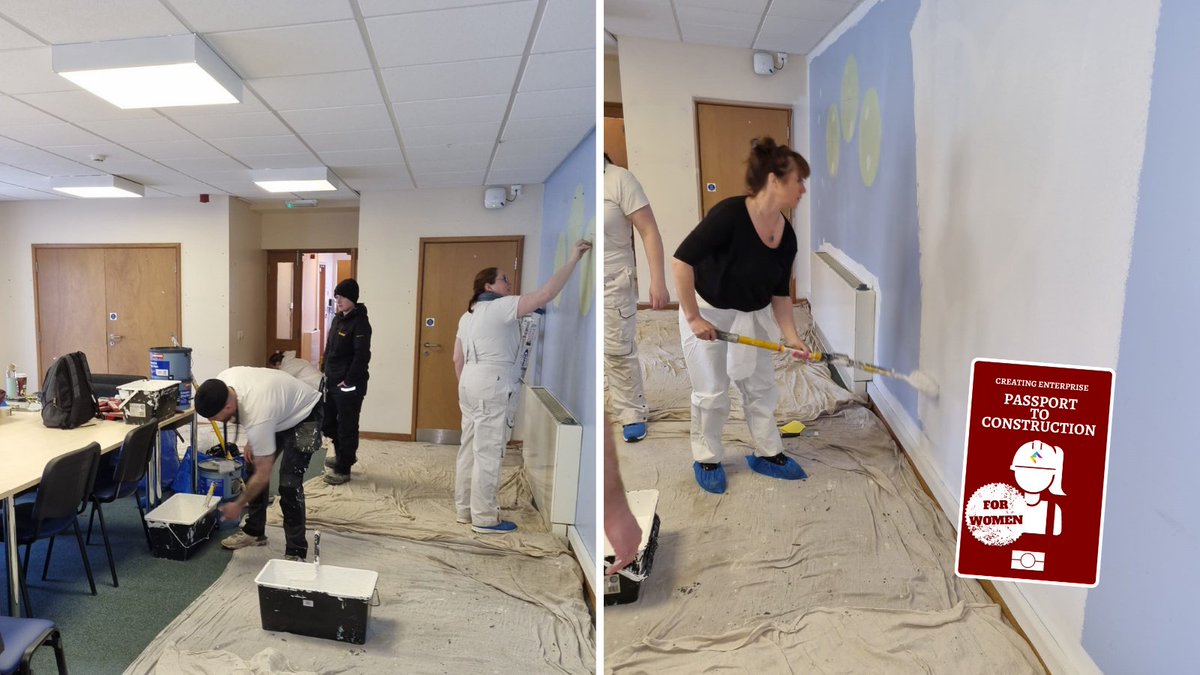 CreatingE's tweet photo. The participants on our Women in Construction course have been painting in Chester Ave Community House today under the supervision of staff from @BellGroupUK.

Huge thanks to @JohnstonesTrade who kindly donated the paint used today.

#PPG #UKCommunityRenewalFund @ConwyEmployment https://t.co/0MKOHUntjU