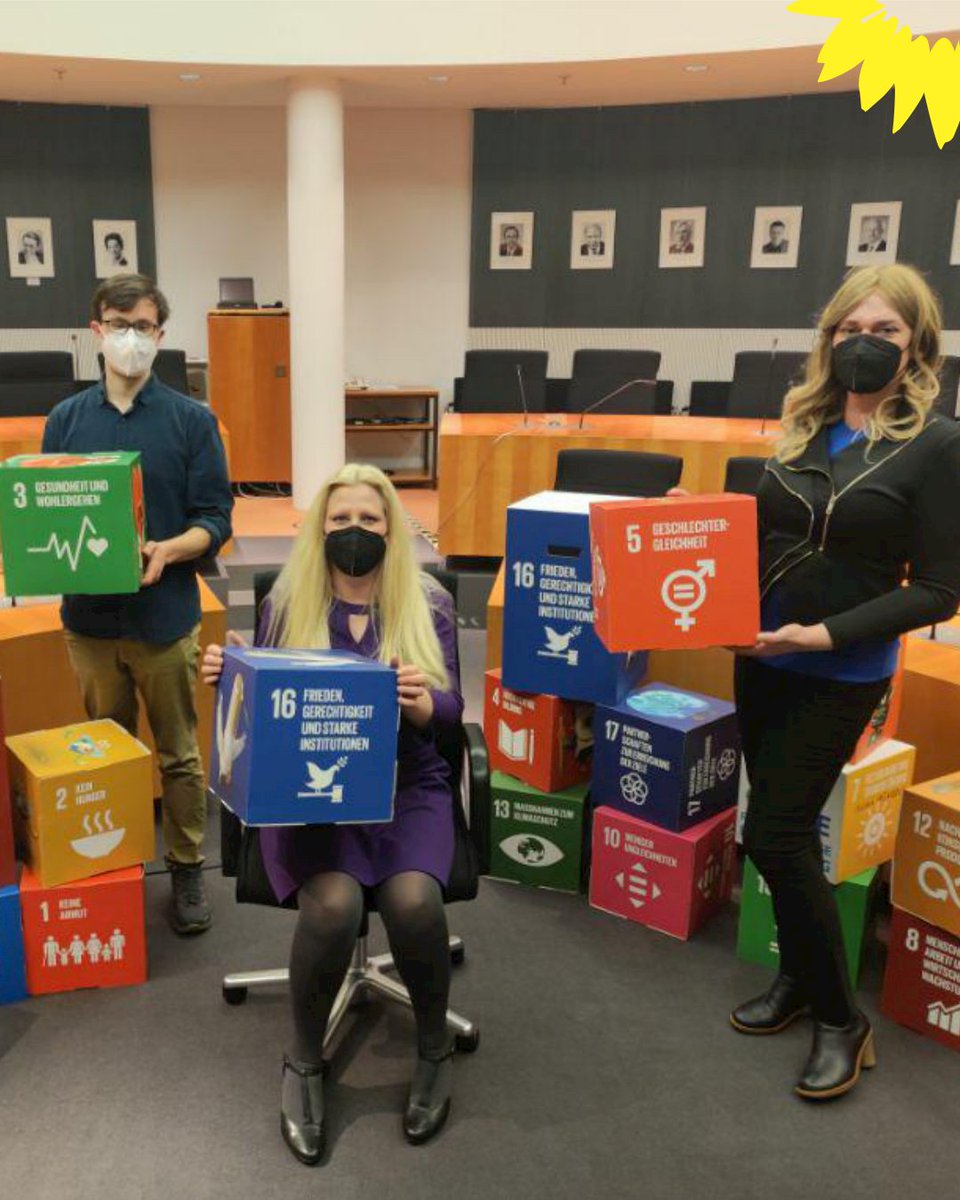 Drei Personen, Robin Wagner, Stephanie Aeffner und Tessa Ganserer stehen bzw. sitzen in einem Ausschussal des Bundestages. In den Händen halten sie jeweils verschiedenfarbige Würfel, die mit den unterschiedlichen SUstainable Development Goals der Vereinten Nationen bedruckt sind. 