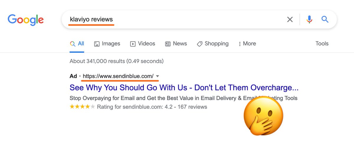 Got a cheeky ad for Sendinblue today while searching for Klaviyo reviews. It gave me an idea.

What if I created a swipe file of competitive Google Ads? Let's say I can find 100 different ads and put them on a good ol' PDF... would you like to see them?