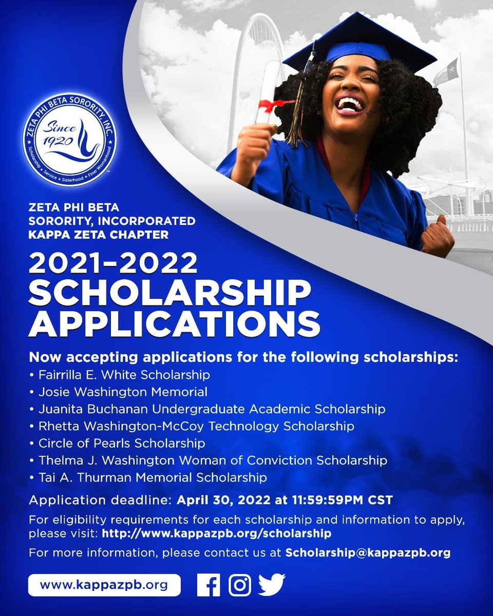 Applications are now open for the 2021-2022 Kappa Zeta Chapter Scholarships. The deadline for submission is April 30, 2022, at 11:59:59 pm. For eligibility criteria and submission details, please visit kappazpb.org/scholarship.

#ZPhiB #GreaterDallasZetas #DallasScholarships