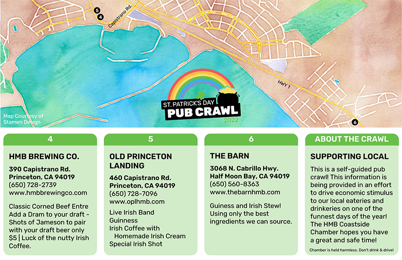 hmbcoastchamber's tweet photo. Happy St. Patrick's Day!!! Enjoy this fun holiday by downloading the self-paced pub crawl map and visiting any of the (6) local places that have fun St. Patrick's Day specials for today! #StPatricksDay #HMBCoastside https://t.co/UopcinZm84