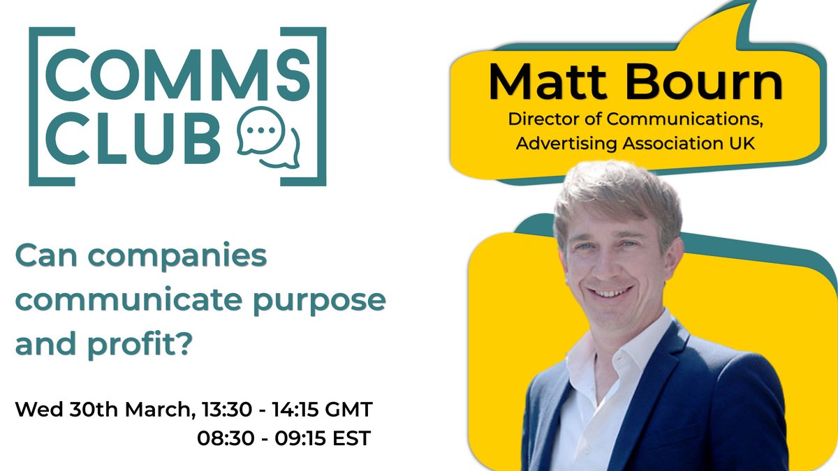 Our very own Communications Director <a href="/MattBourn/">Matt Bourn</a> will be speaking at <a href="/propellerites/">Propeller Group</a>' Comms Club: The Big Issues  event on 30th March. 

The panel session will ask if companies can communicate purpose AND profit. 

Find out more: bit.ly/34SN4HQ