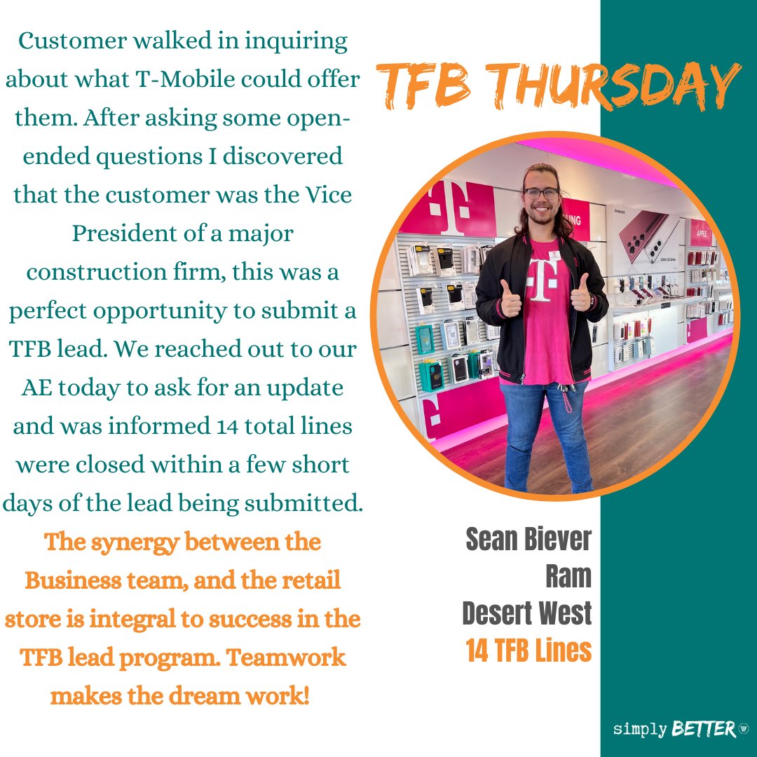 WirelessVision's tweet photo. You know what day it is!! #TFBThursday and we are shouting out Sean Biever, our RAM from Desert West. Sean was #TakingCareofBusiness and closed 14 LINES! Let's gooo πππ @SByrneDoyle @aarontubbs_ @TMobile @JonFreier @Sentowski8 https://t.co/75o0y2DqrF