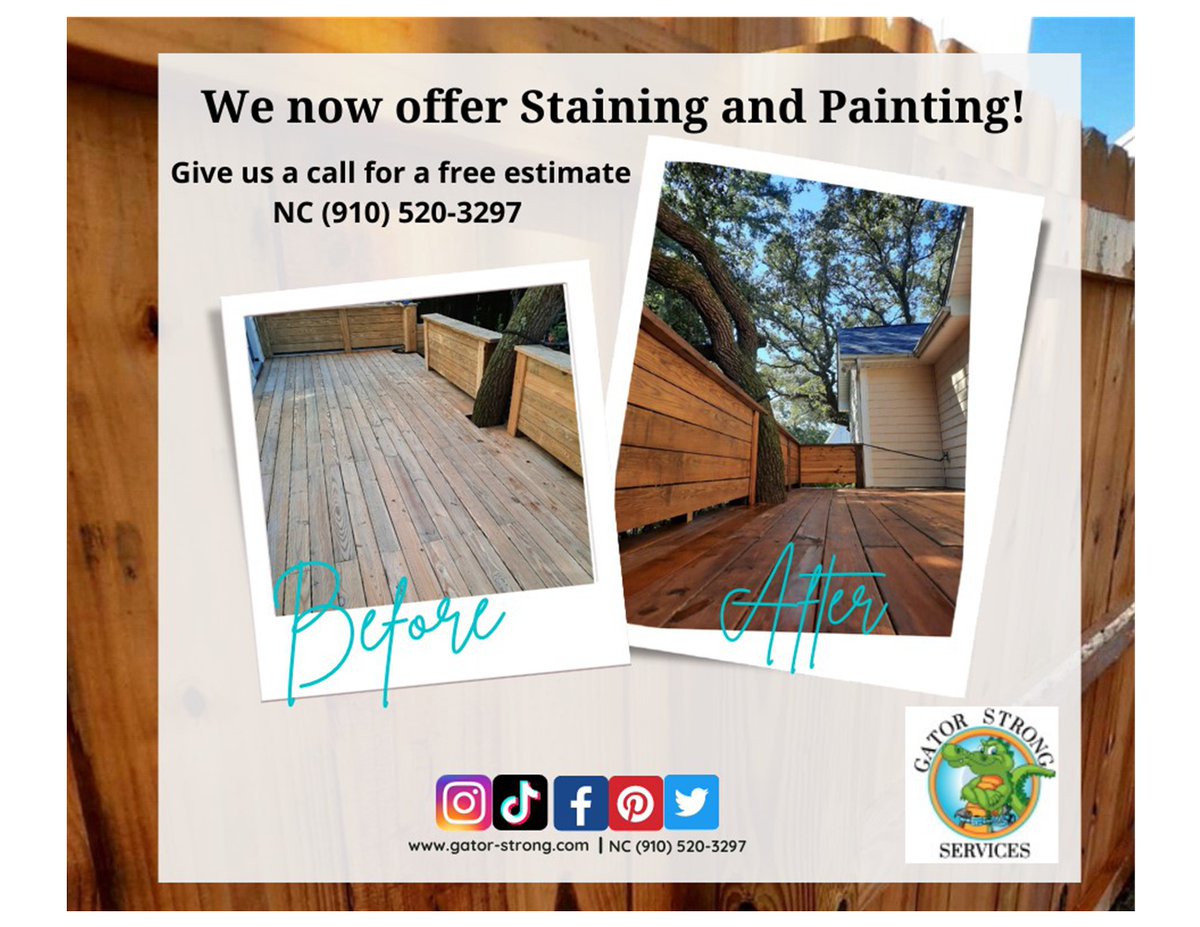 GatorStrongServ's tweet photo. Did you know that you should stain your fence every 2- 3 years?  This will prevent your fence, deck or any other exterior wood from rotting or splitting. It enhances the wood grain and increases the lifespan of the wood. Give us a call today for a free estimate, (910)520-3297 https://t.co/stRfG371IZ